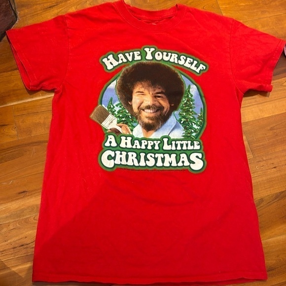 Bob Ross happy little Christmas tee T-shirt casual top trees size small womens S - Picture 2 of 5
